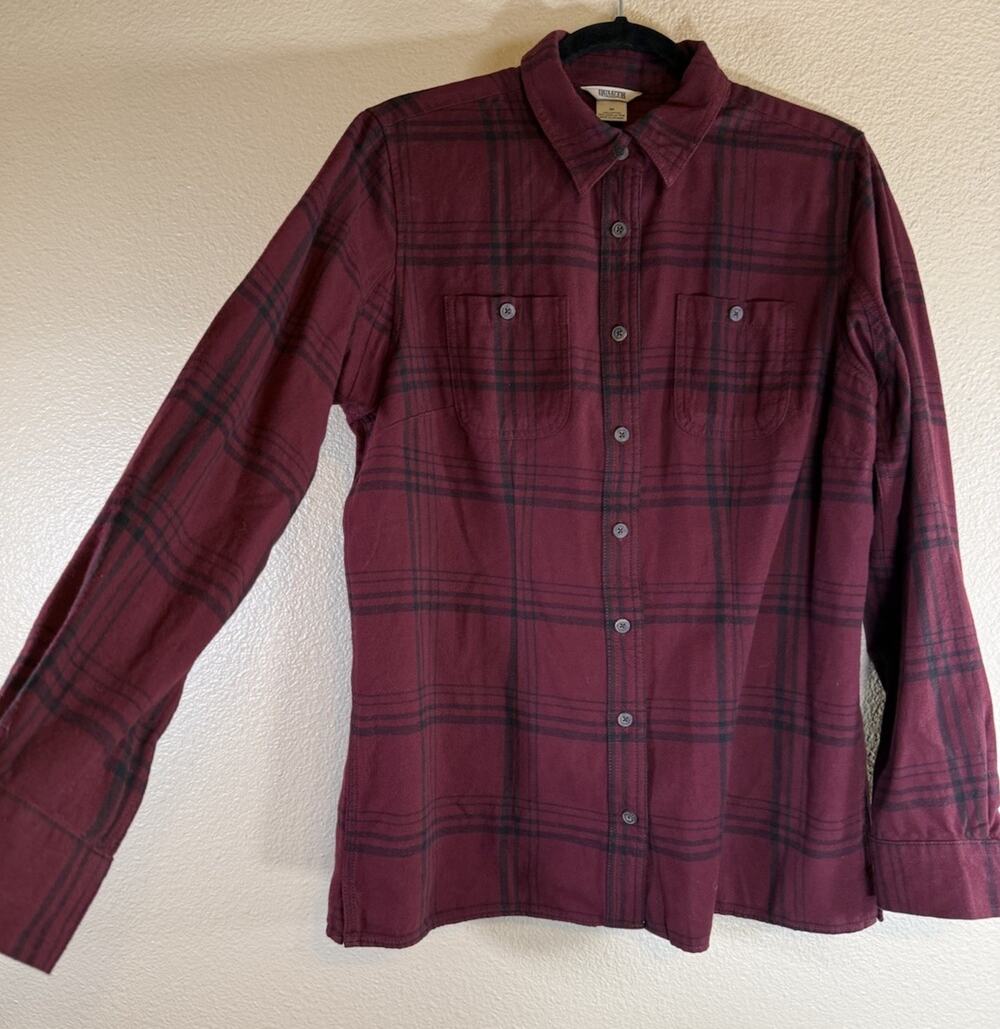 Duluth Trading Co Flannel Shirt Women Medium Burgundy Black Plaid Workwear Fall